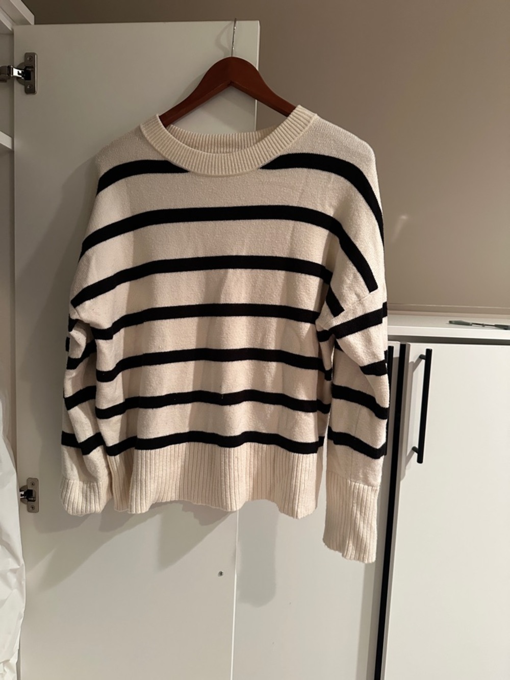 Cream and Black Striped Crewneck Sweater